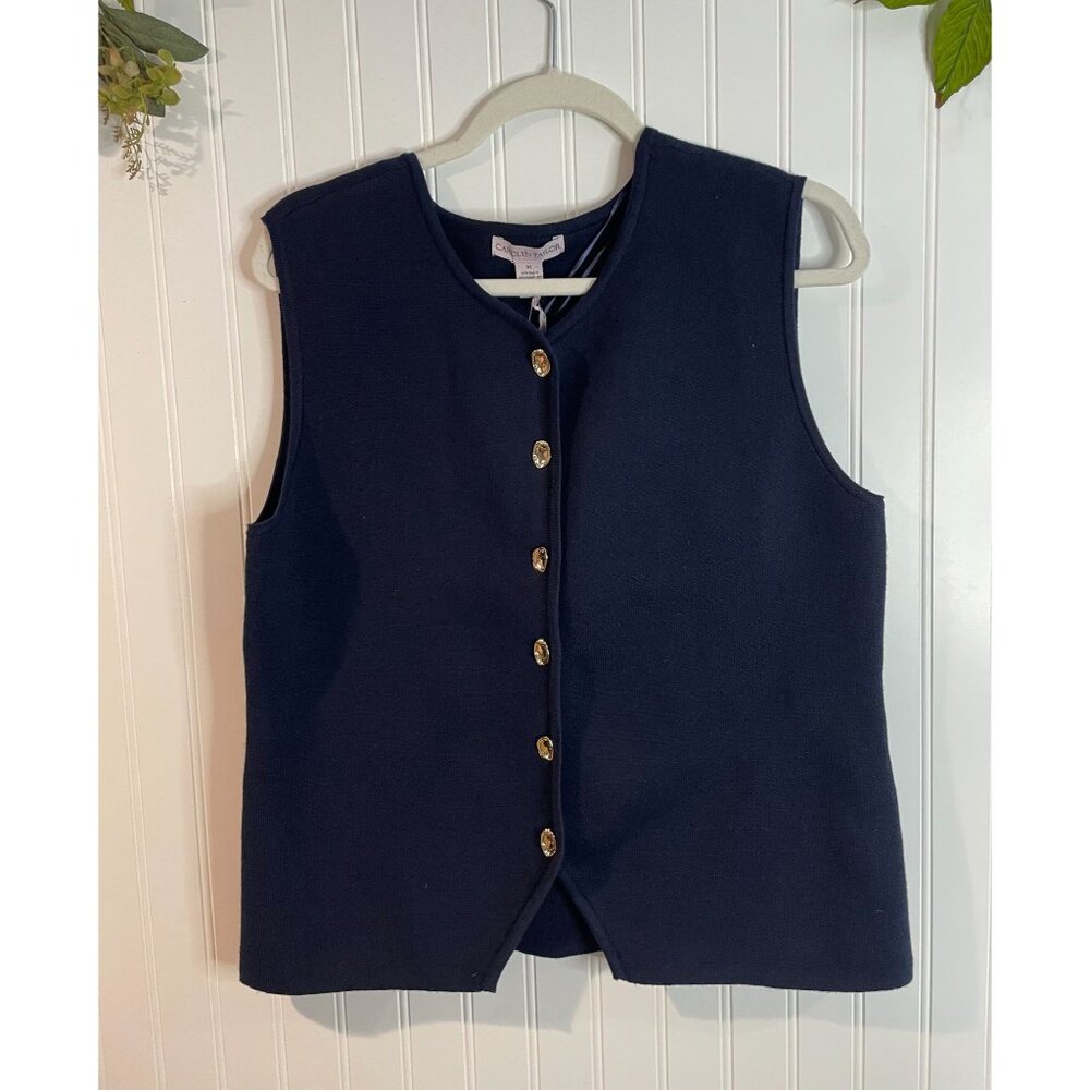 Carolyn Taylor Navy Sleeveless Vest XL With Gold Buttons 75%Rayon&25% Polyester